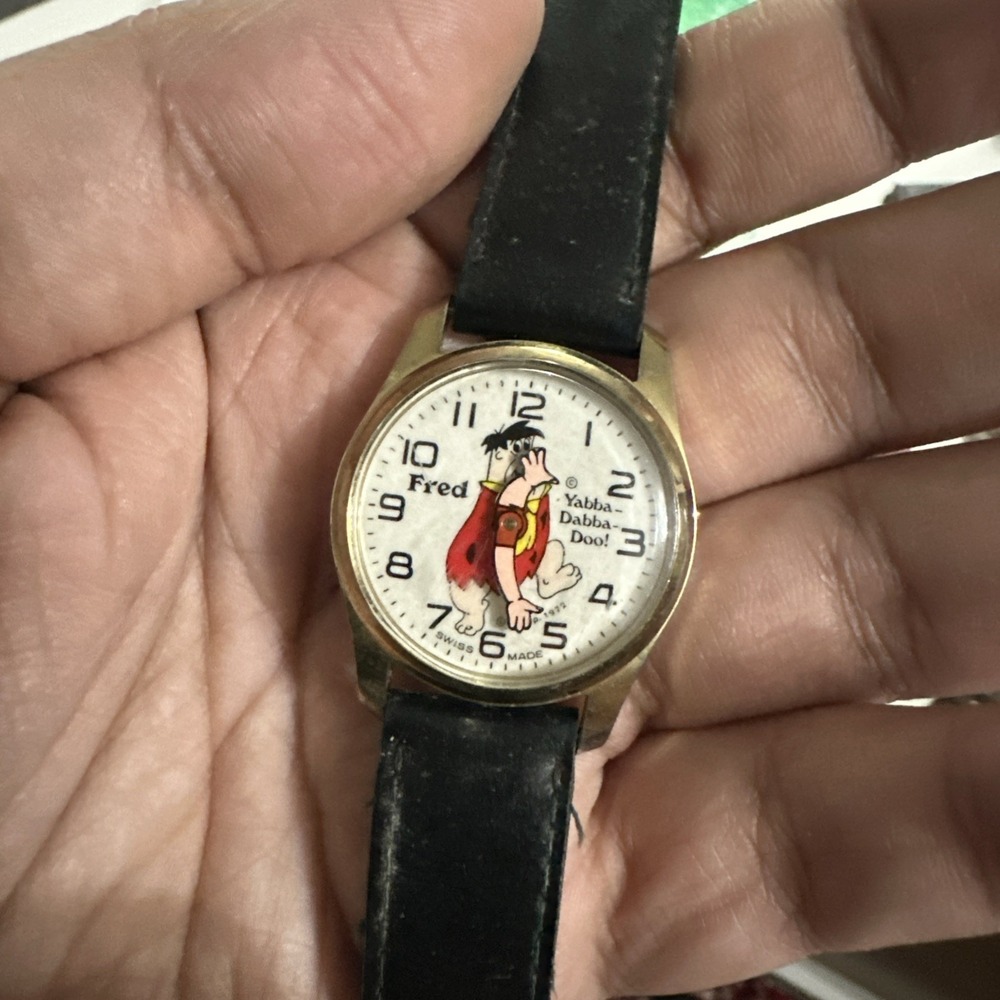 VTG 1972 Fred Flinstone Swiss Yabba Dabba Doo Watch Wind Up 29mm -Broken Crown